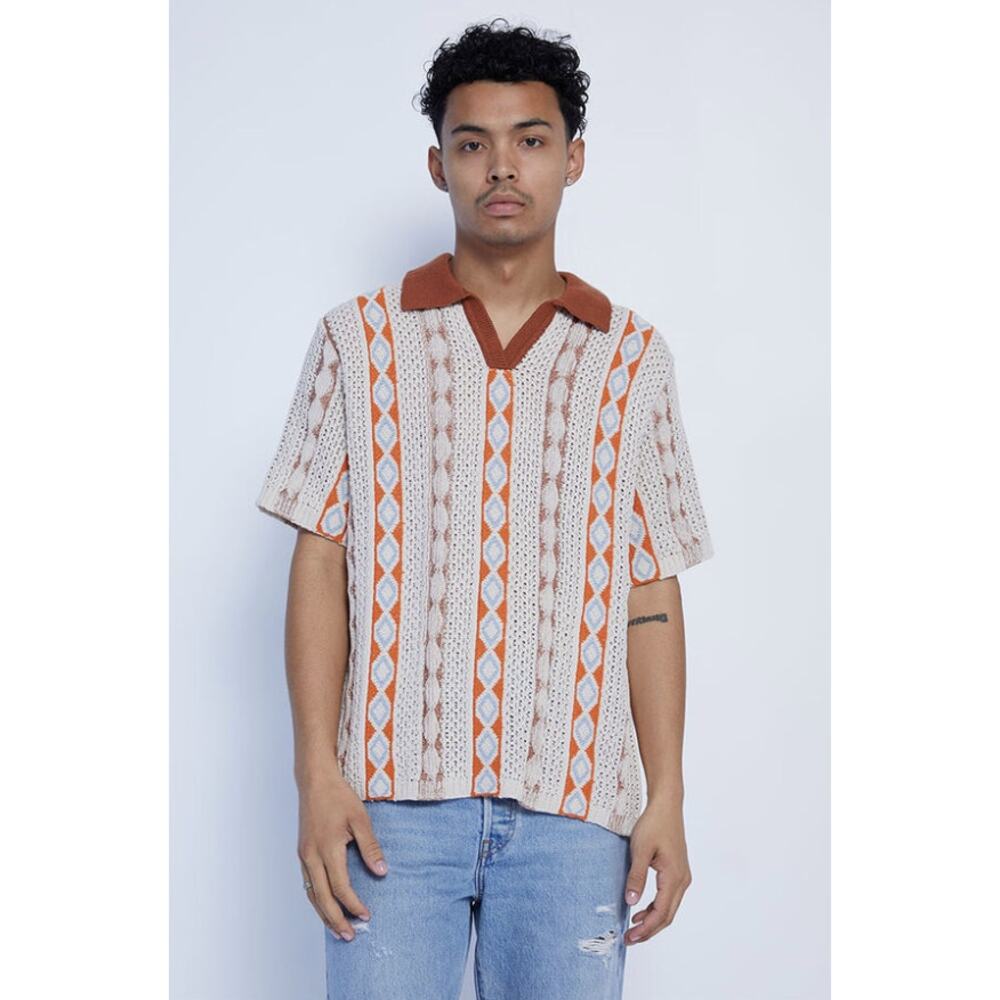 PacSun Crochet Polo Sweater Cream Orange Geometric Knit Shirt Size: L